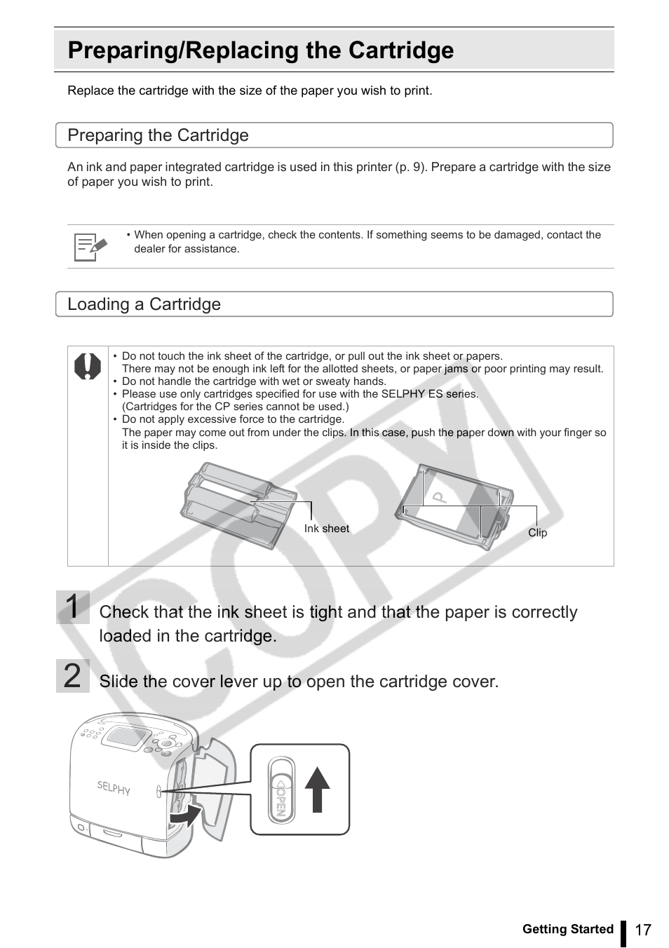 Preparing/replacing the cartridge | Canon SELPHY ES2 User Manual | Page 17 / 103