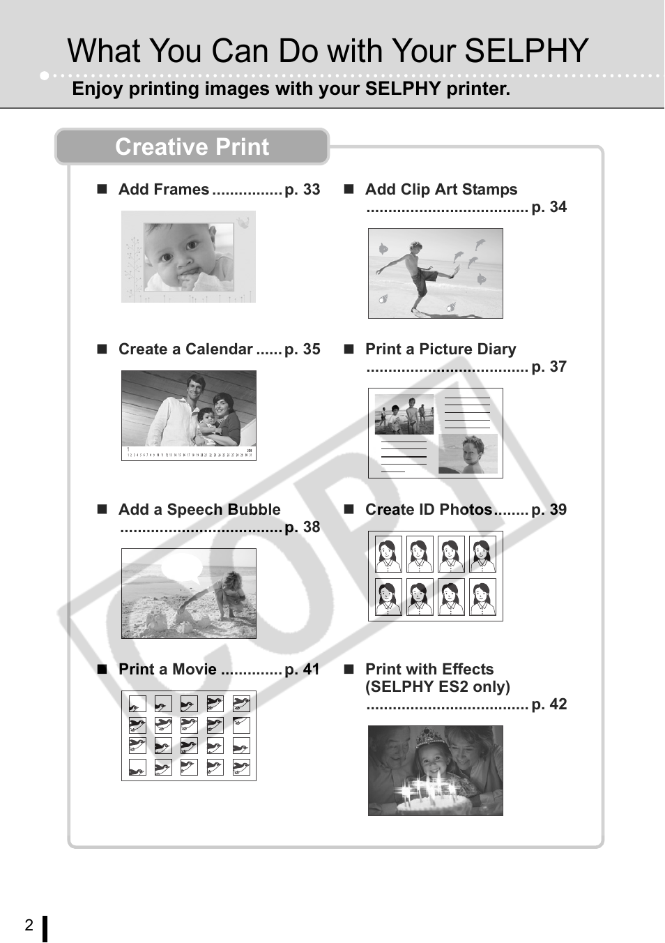 What you can do with your selphy, Creative print | Canon SELPHY ES2 User Manual | Page 2 / 103