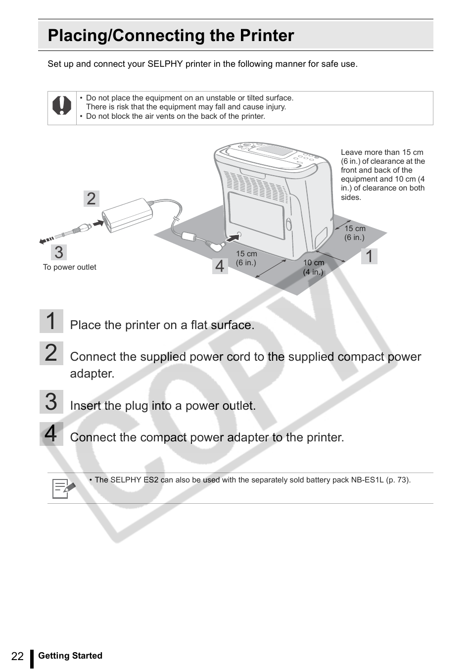 Placing/connecting the printer | Canon SELPHY ES2 User Manual | Page 22 / 103