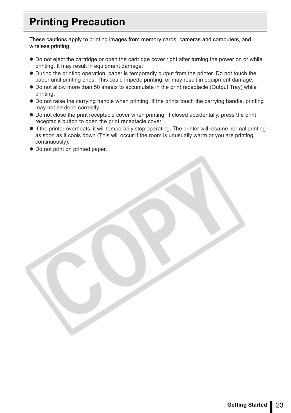 Printing precaution | Canon SELPHY ES2 User Manual | Page 23 / 103