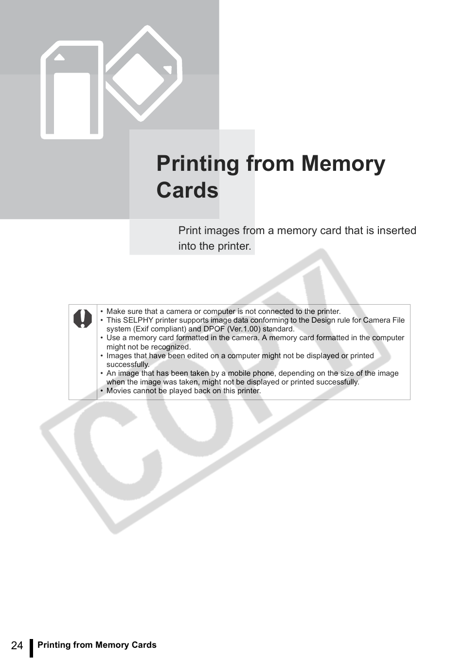 Printing from memory cards | Canon SELPHY ES2 User Manual | Page 24 / 103