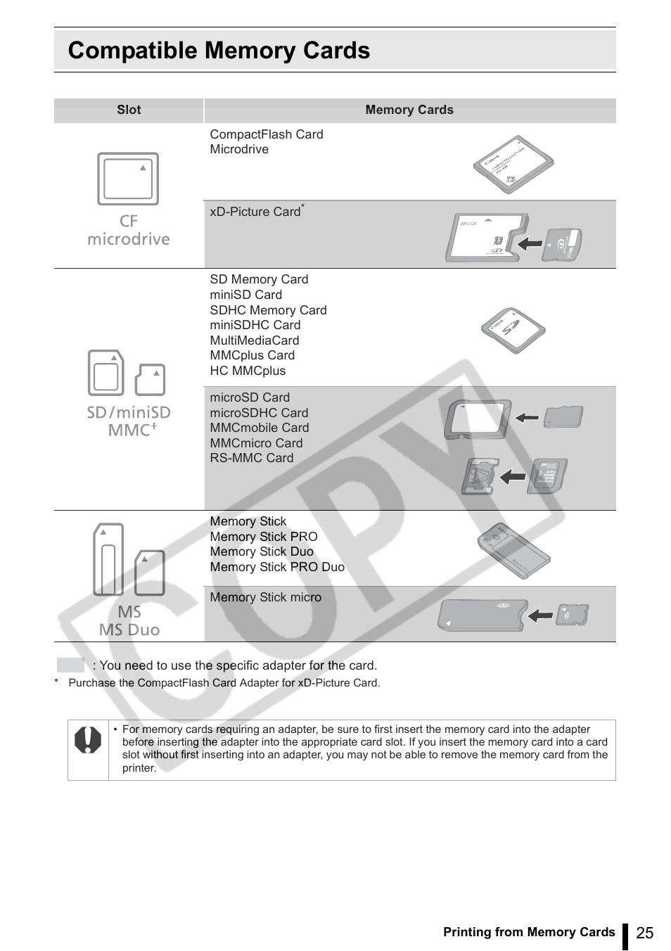 Compatible memory cards | Canon SELPHY ES2 User Manual | Page 25 / 103