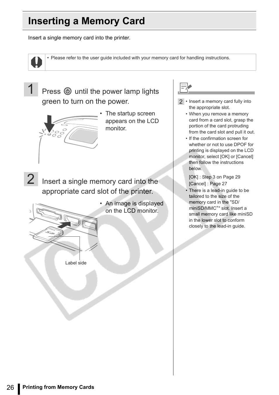 Inserting a memory card | Canon SELPHY ES2 User Manual | Page 26 / 103