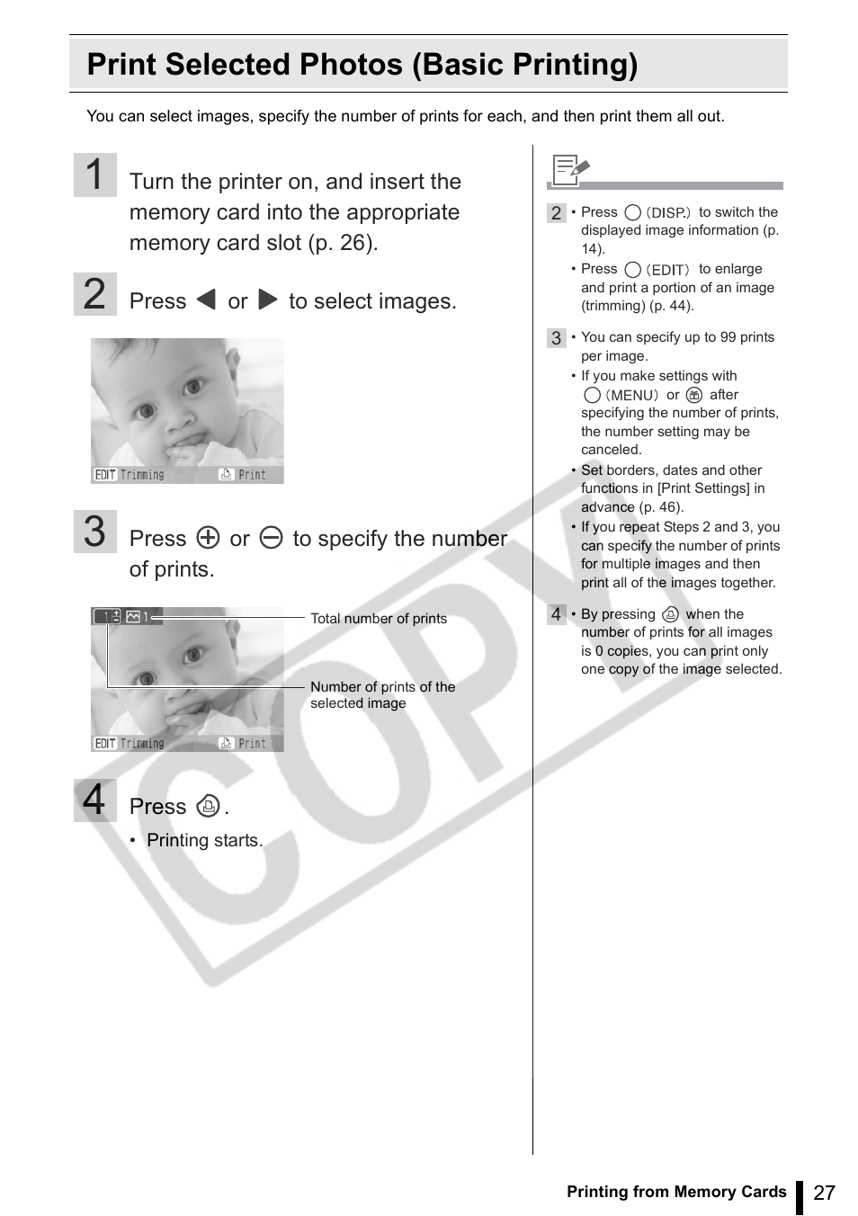 Print selected photos (basic printing) | Canon SELPHY ES2 User Manual | Page 27 / 103