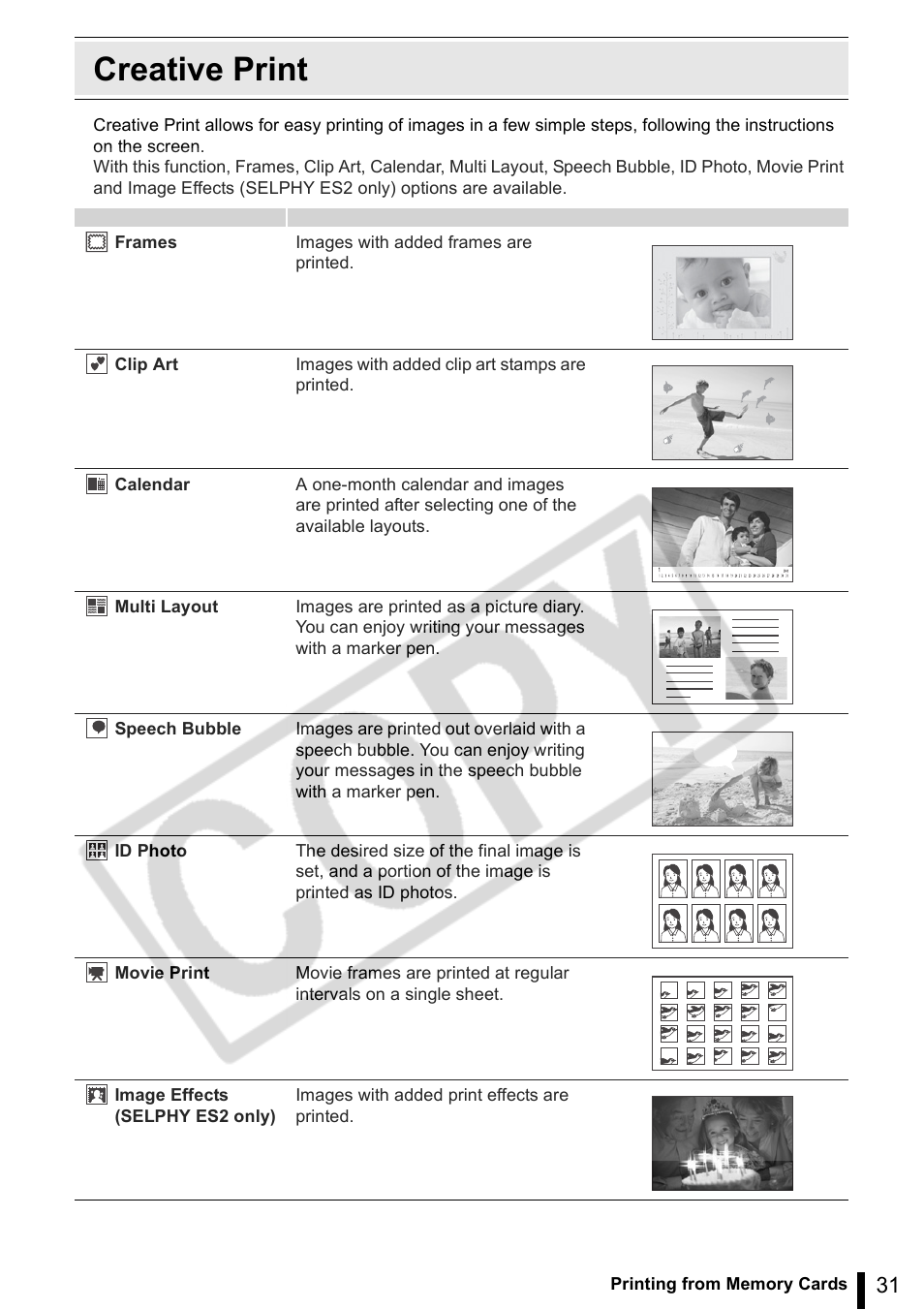 Creative print | Canon SELPHY ES2 User Manual | Page 31 / 103