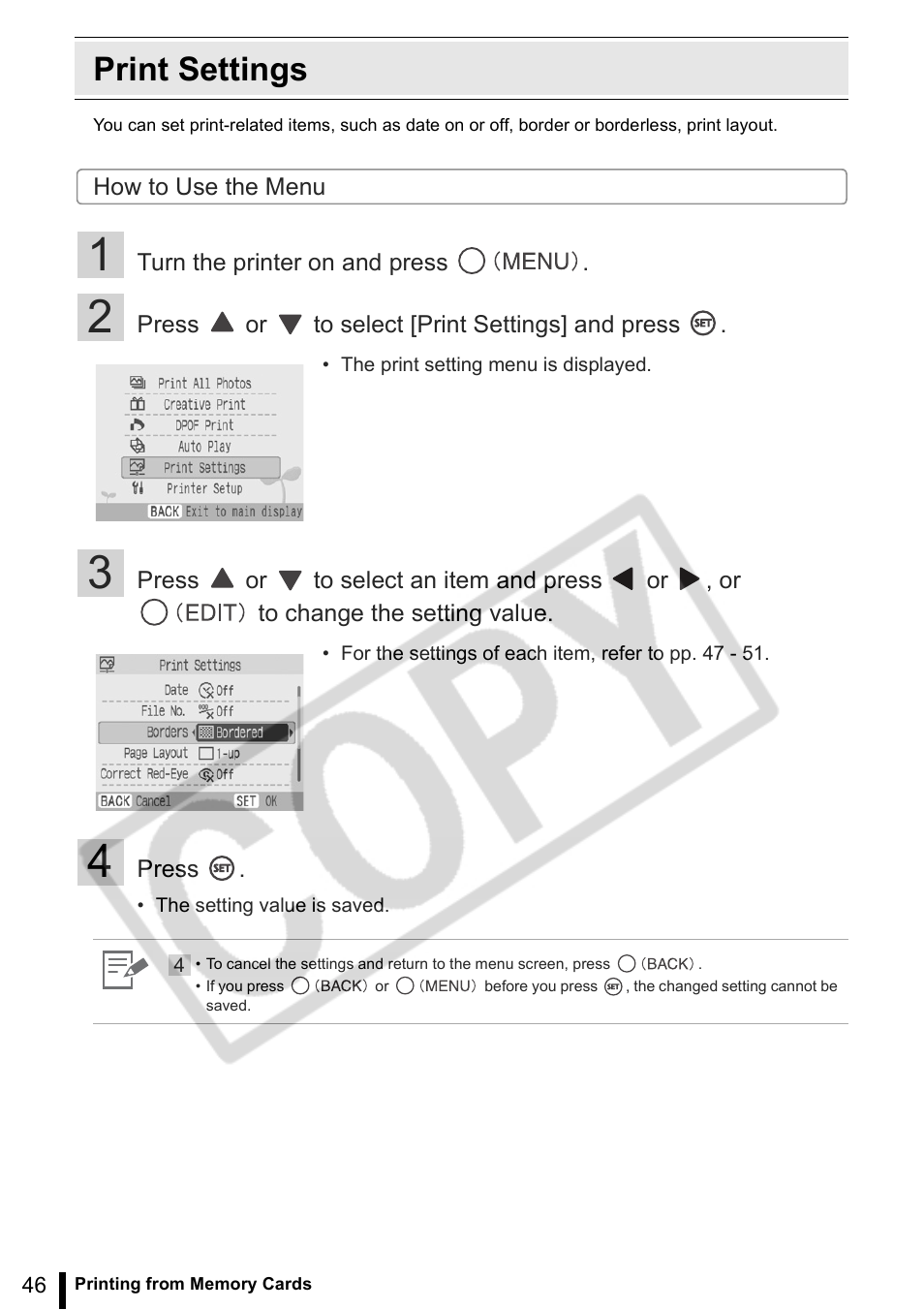 Print settings | Canon SELPHY ES2 User Manual | Page 46 / 103