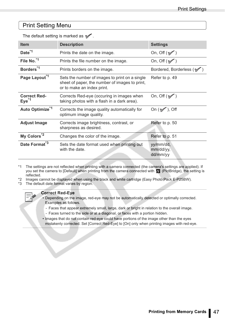 P. 47, Print setting menu, Print settings | Canon SELPHY ES2 User Manual | Page 47 / 103