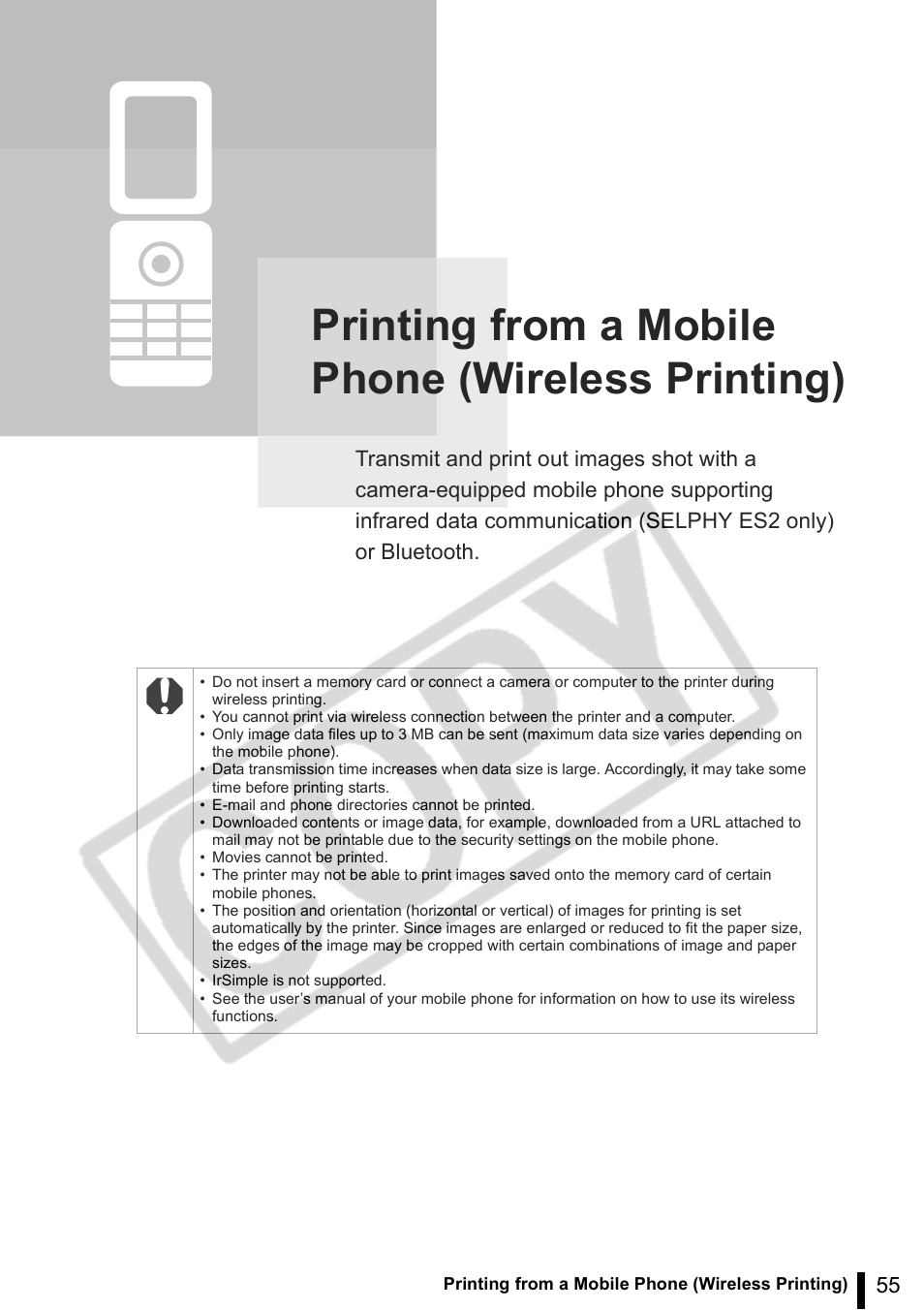 Printing from a mobile phone (wireless printing) | Canon SELPHY ES2 User Manual | Page 55 / 103
