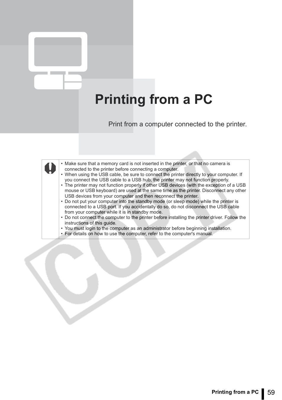 Printing from a pc, Print from a computer connected to the printer | Canon SELPHY ES2 User Manual | Page 59 / 103