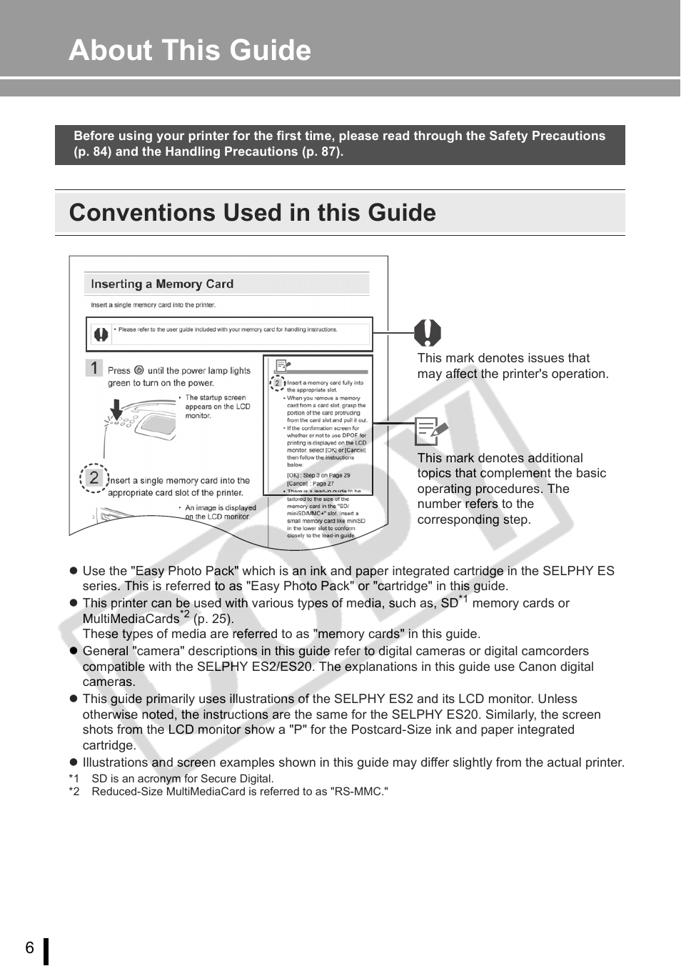 About this guide, Conventions used in this guide | Canon SELPHY ES2 User Manual | Page 6 / 103