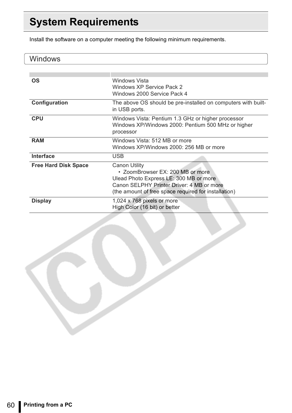 System requirements, Windows | Canon SELPHY ES2 User Manual | Page 60 / 103