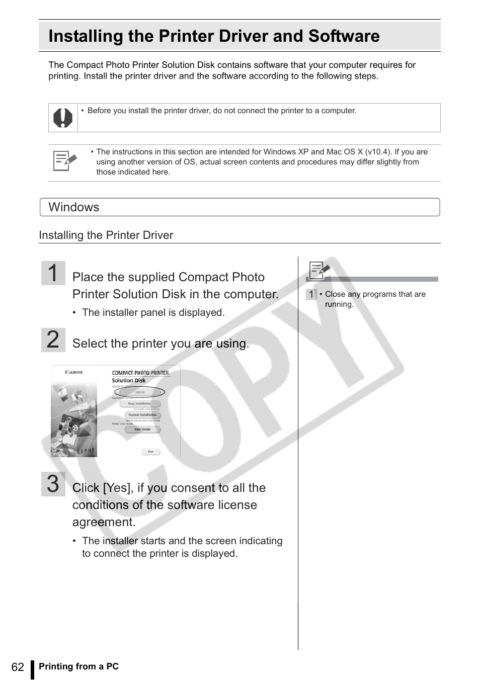 Installing the printer driver and software | Canon SELPHY ES2 User Manual | Page 62 / 103