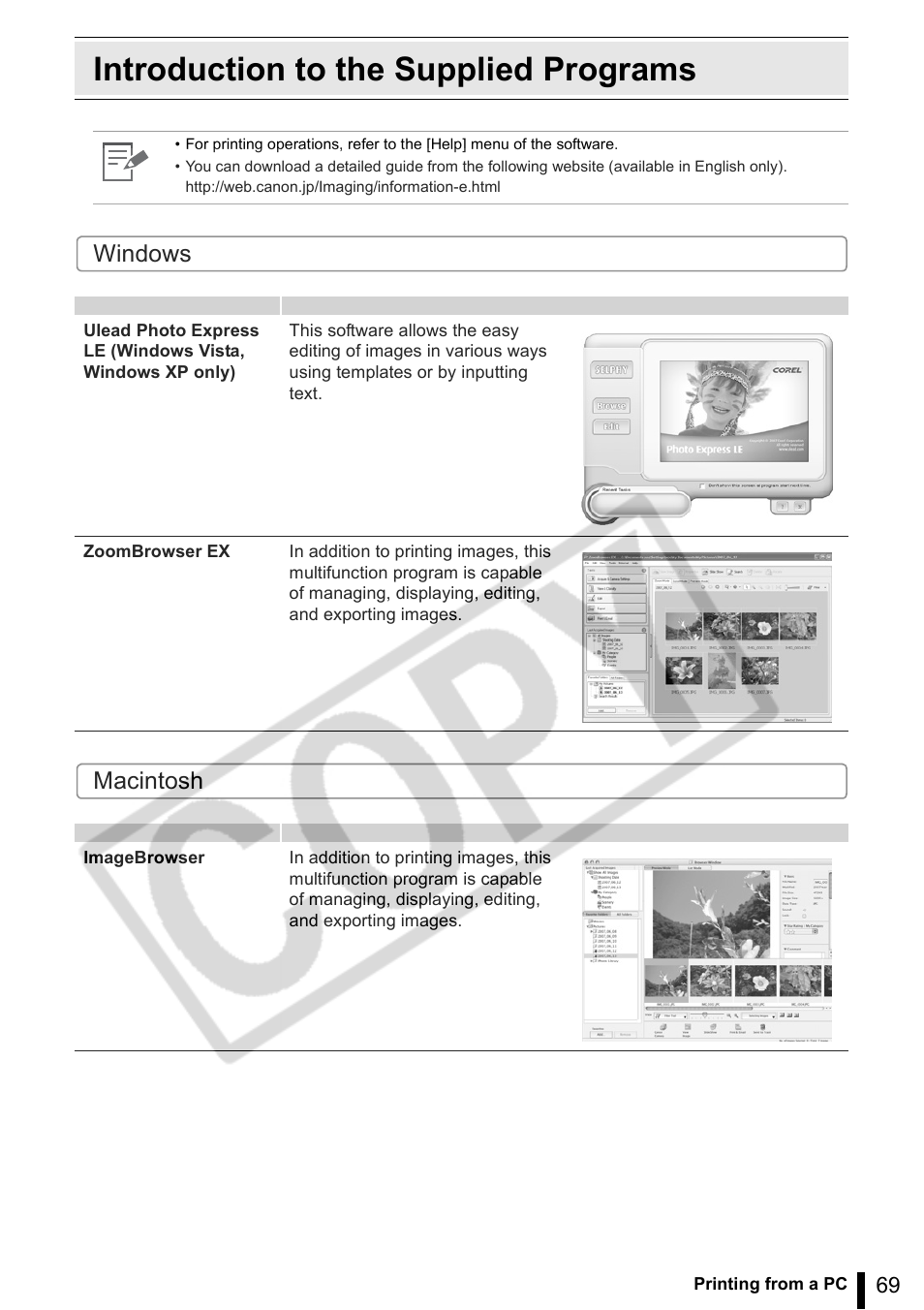 Introduction to the supplied programs, Windows macintosh | Canon SELPHY ES2 User Manual | Page 69 / 103