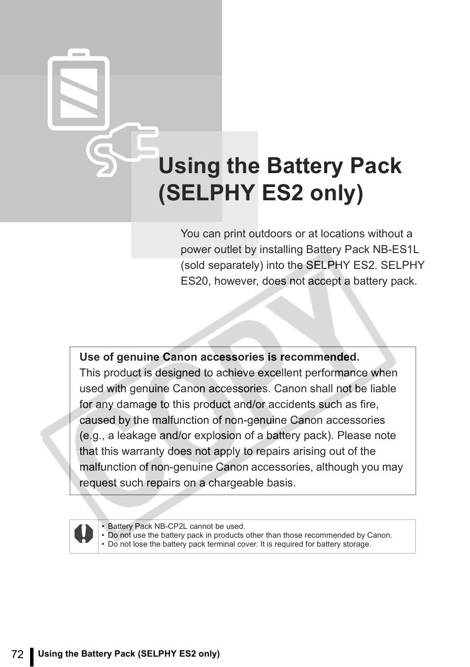 Using the battery pack (selphy es2 only) | Canon SELPHY ES2 User Manual | Page 72 / 103