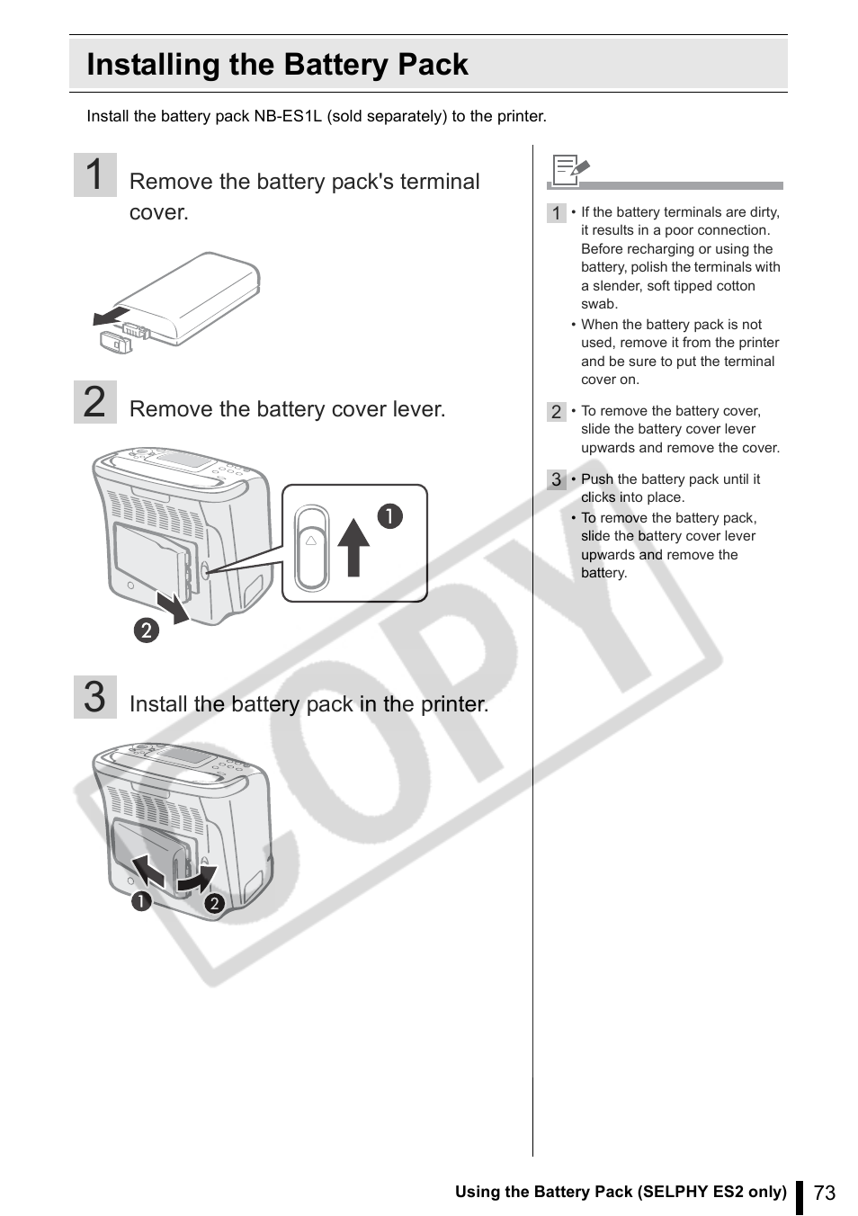 Installing the battery pack | Canon SELPHY ES2 User Manual | Page 73 / 103