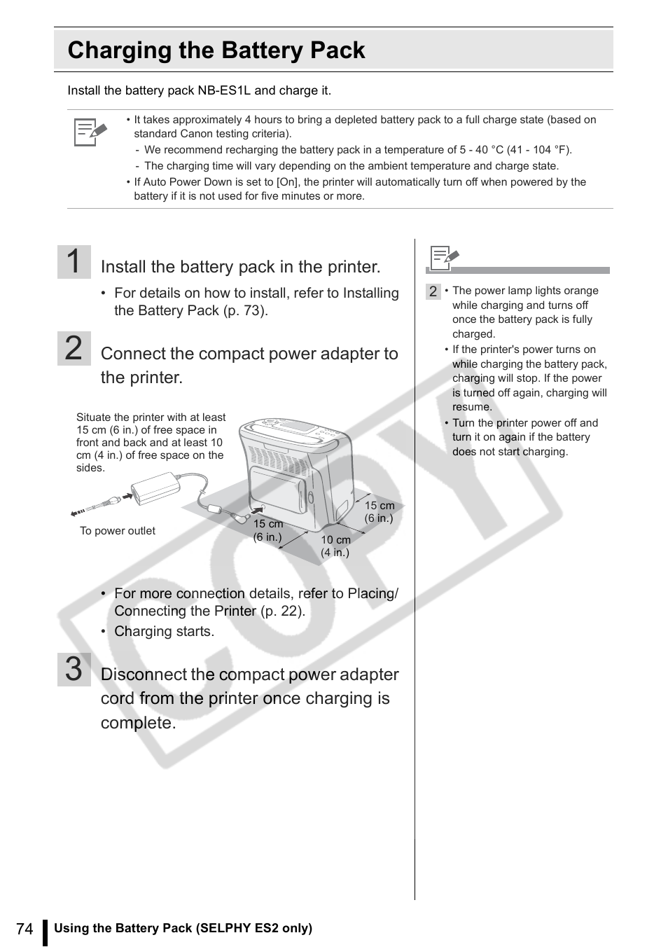 Charging the battery pack, 74) (se | Canon SELPHY ES2 User Manual | Page 74 / 103