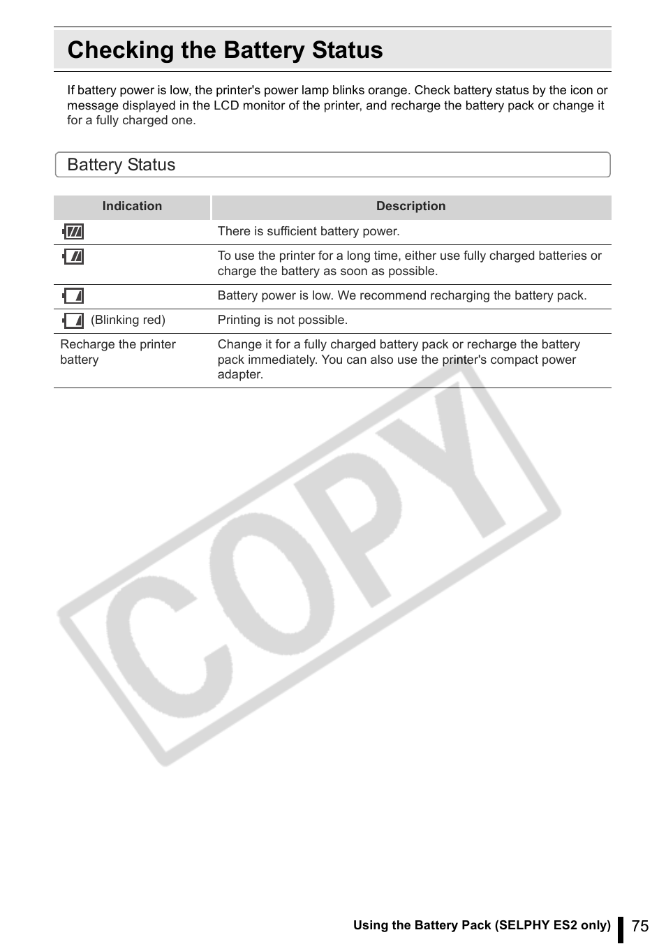 Checking the battery status, Battery status | Canon SELPHY ES2 User Manual | Page 75 / 103