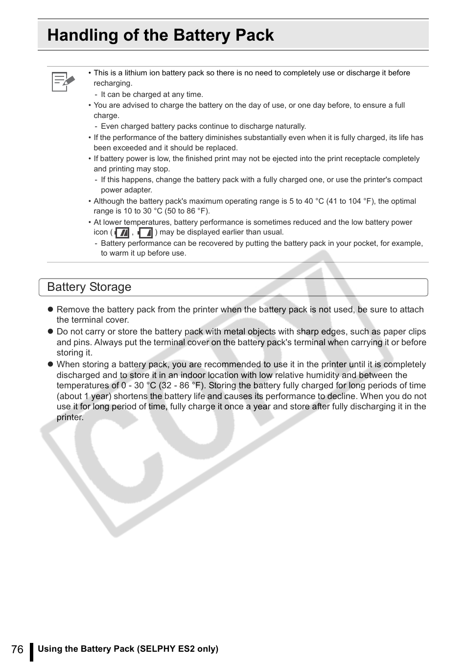 Handling of the battery pack, Battery storage | Canon SELPHY ES2 User Manual | Page 76 / 103