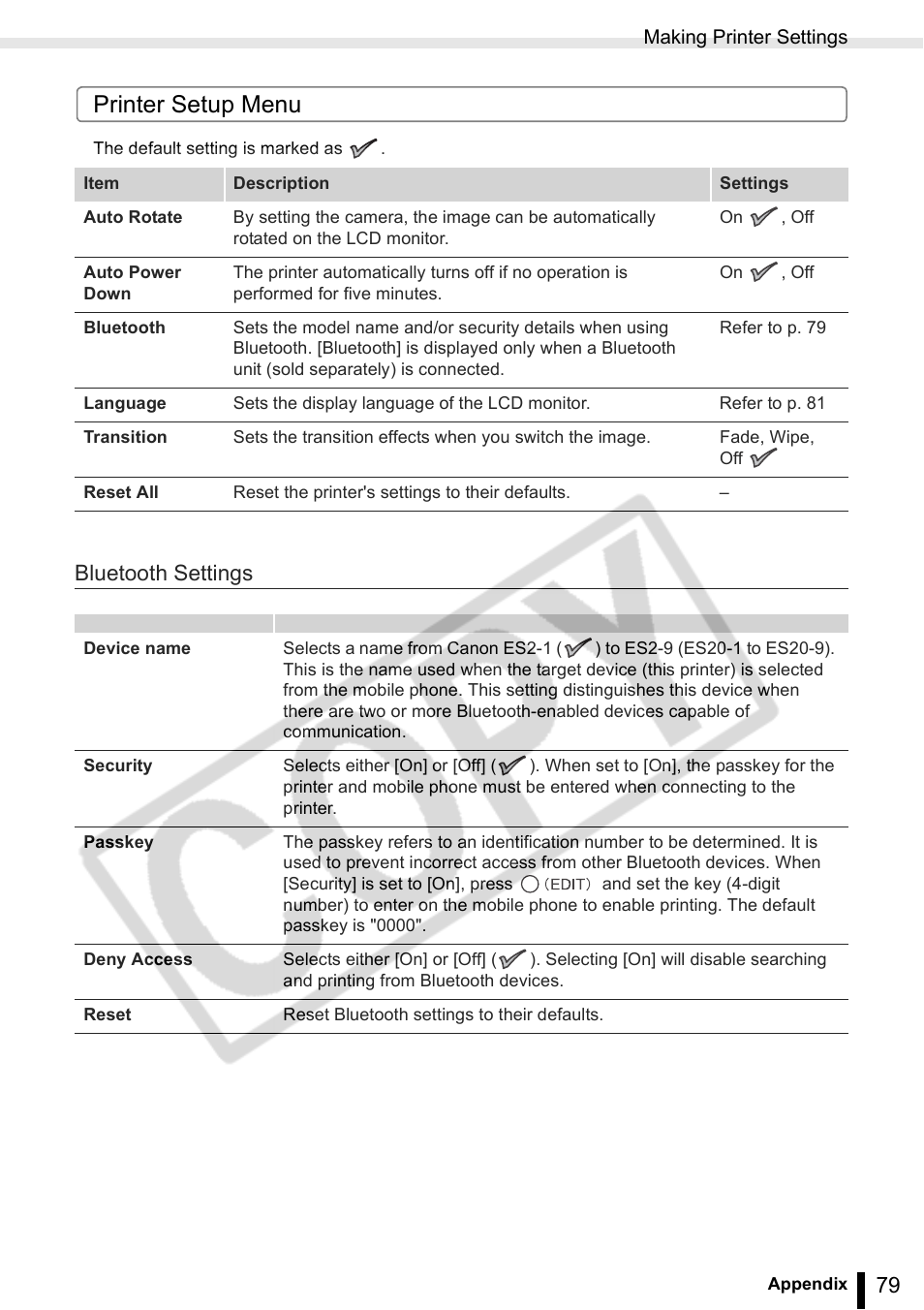 Printer setup menu, Bluetooth settings | Canon SELPHY ES2 User Manual | Page 79 / 103