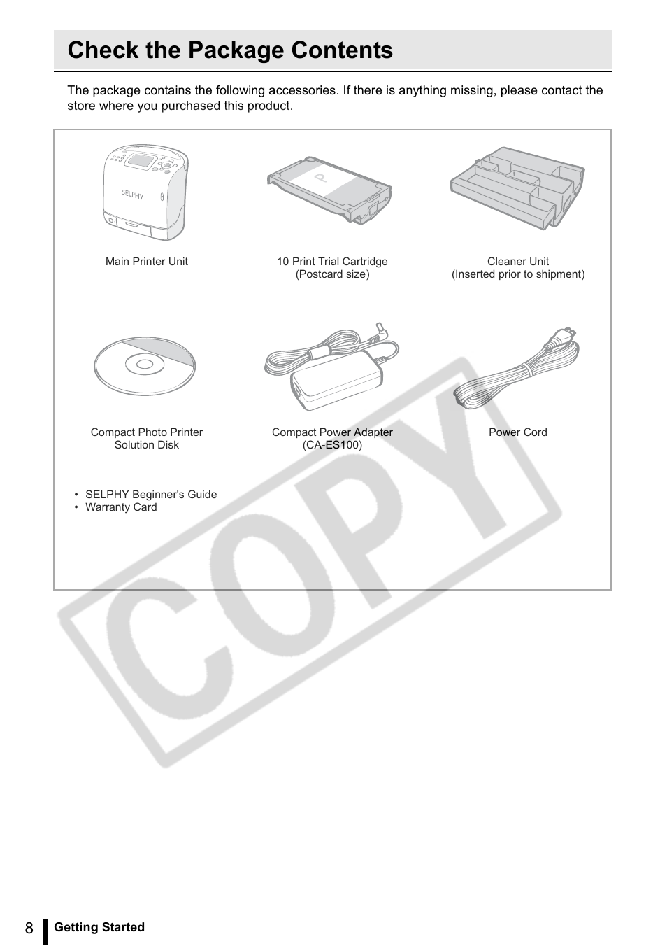 Check the package contents | Canon SELPHY ES2 User Manual | Page 8 / 103