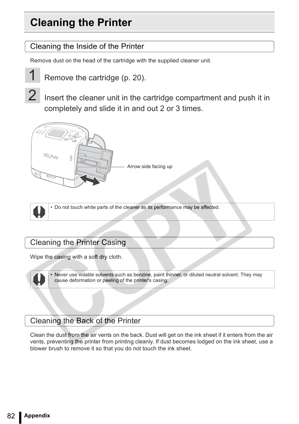 Cleaning the printer | Canon SELPHY ES2 User Manual | Page 82 / 103