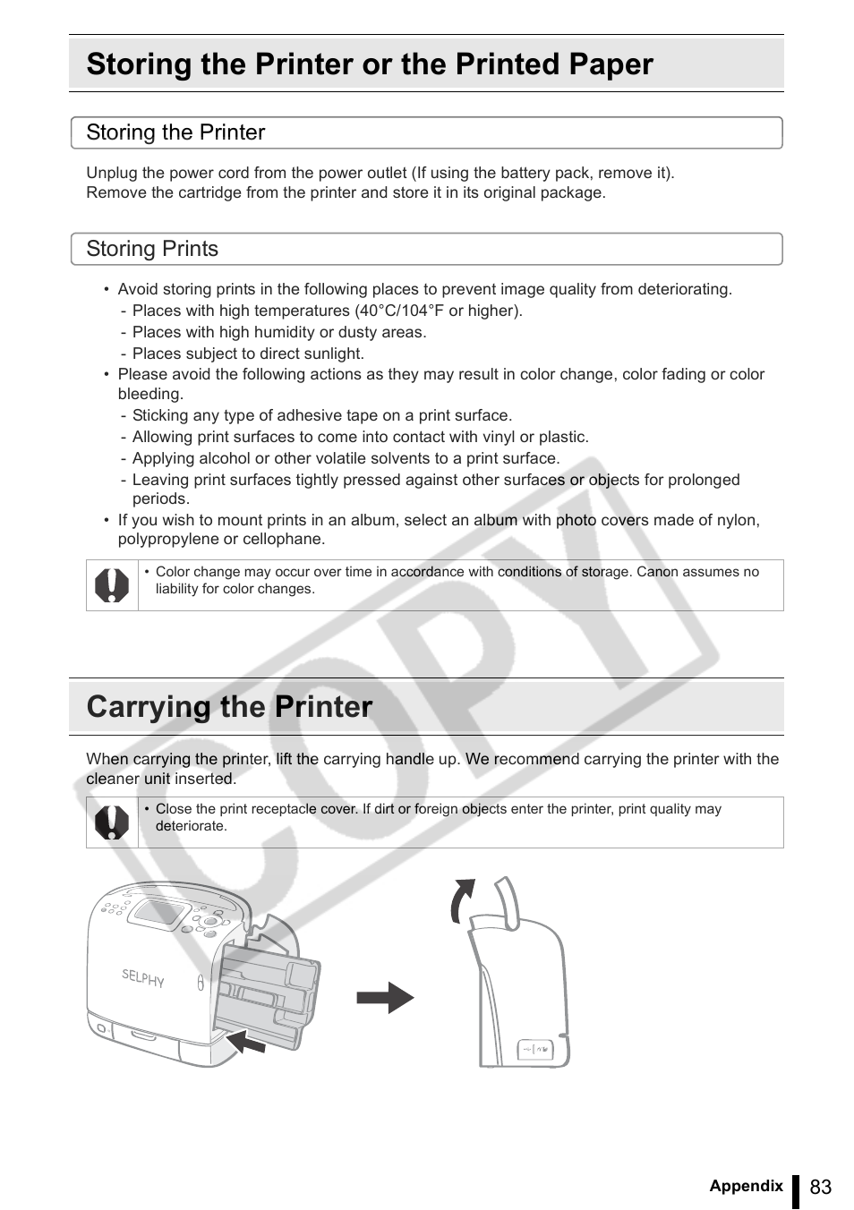 Storing the printer or the printed paper, Carrying the printer, Storing the printer | Storing prints | Canon SELPHY ES2 User Manual | Page 83 / 103