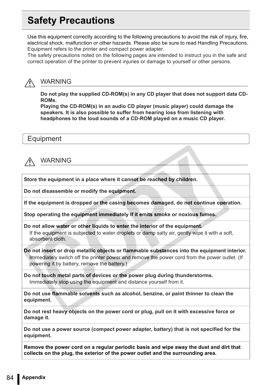 Safety precautions, 84) an, Equipment | Canon SELPHY ES2 User Manual | Page 84 / 103