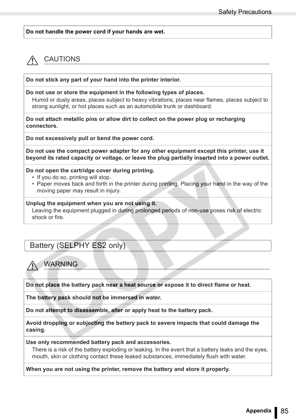 Battery (selphy es2 only), Cautions, Warning | Canon SELPHY ES2 User Manual | Page 85 / 103