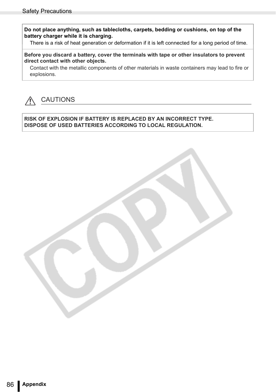 Cautions | Canon SELPHY ES2 User Manual | Page 86 / 103