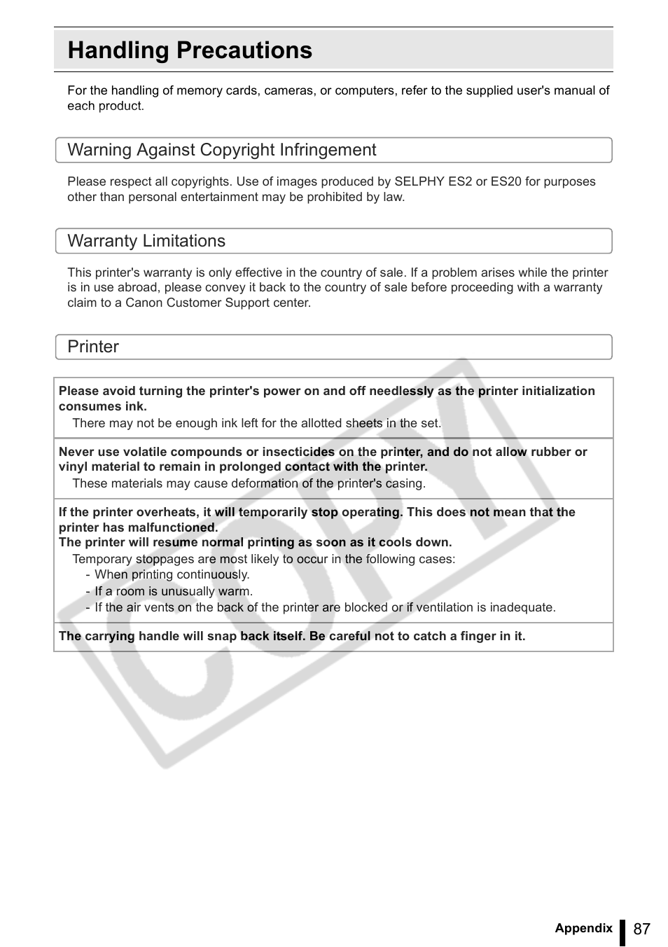 Handling precautions, E handling precautions (p, Warning against copyright infringement | Warranty limitations, Printer | Canon SELPHY ES2 User Manual | Page 87 / 103