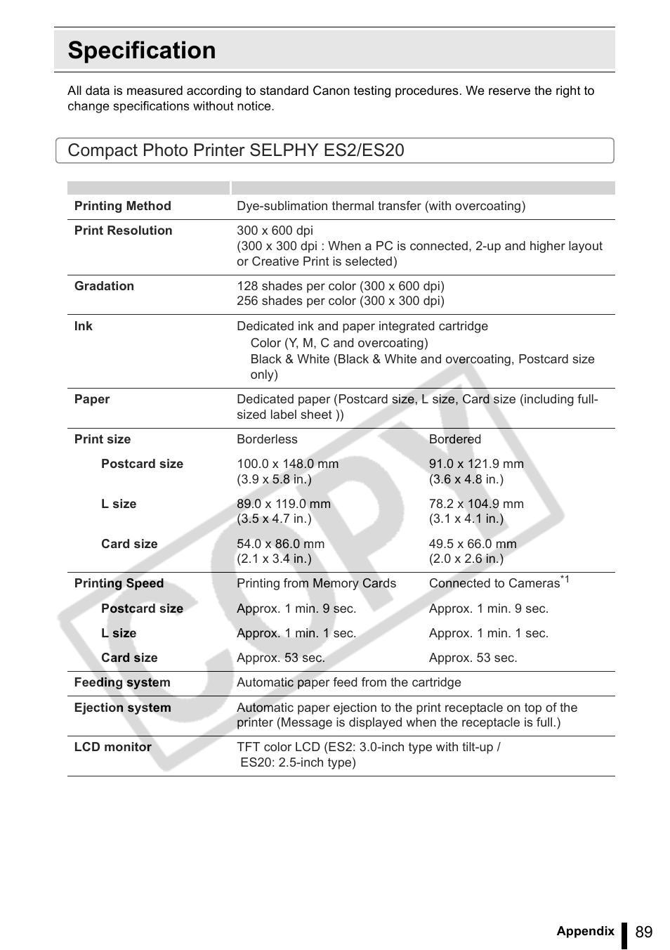 Specification, Compact photo printer selphy es2/es20 | Canon SELPHY ES2 User Manual | Page 89 / 103