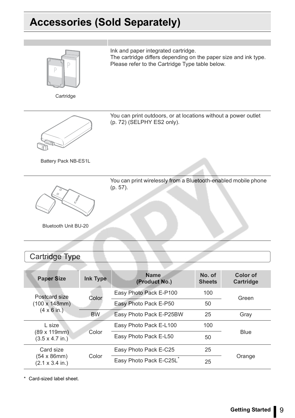 Accessories (sold separately), Cartridge type | Canon SELPHY ES2 User Manual | Page 9 / 103