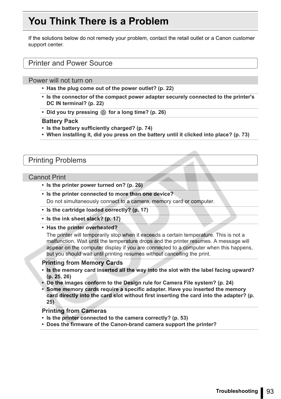 You think there is a problem, Printer and power source printing problems | Canon SELPHY ES2 User Manual | Page 93 / 103