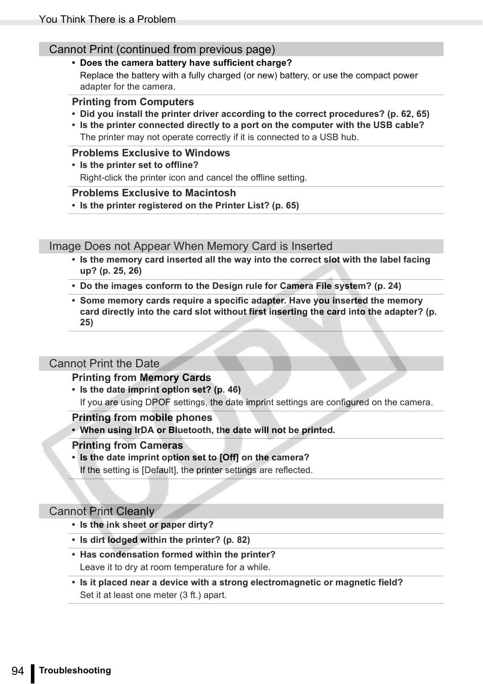 Cannot print (continued from previous page), Cannot print the date, Cannot print cleanly | Canon SELPHY ES2 User Manual | Page 94 / 103