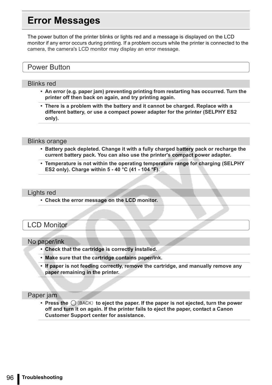 Error messages, P. 96, Power button lcd monitor | Canon SELPHY ES2 User Manual | Page 96 / 103