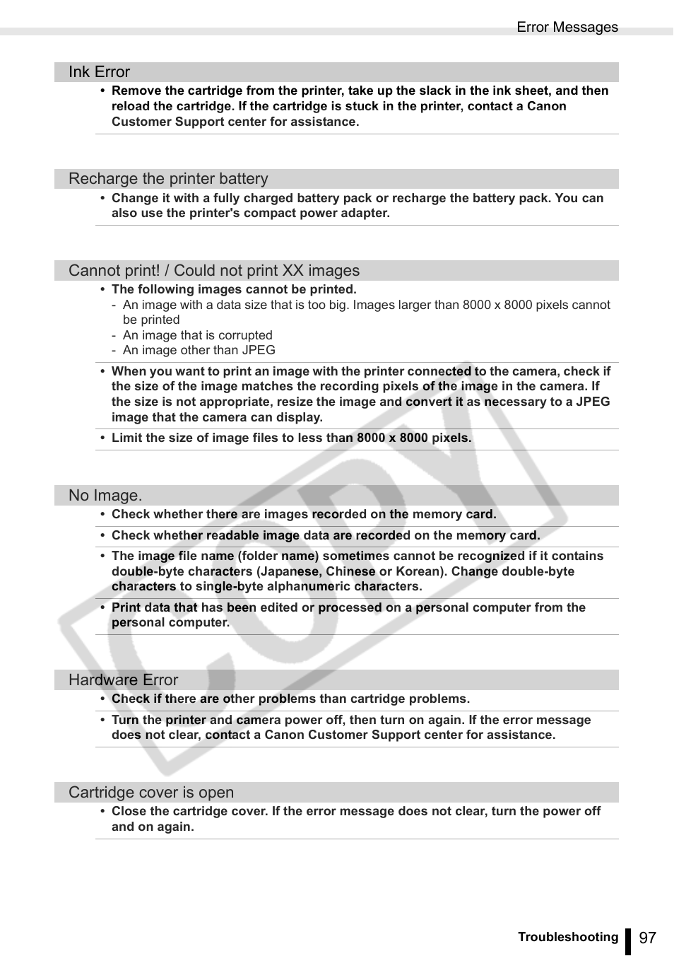 Ink error, Recharge the printer battery, Cannot print! / could not print xx images | No image, Hardware error, Cartridge cover is open | Canon SELPHY ES2 User Manual | Page 97 / 103