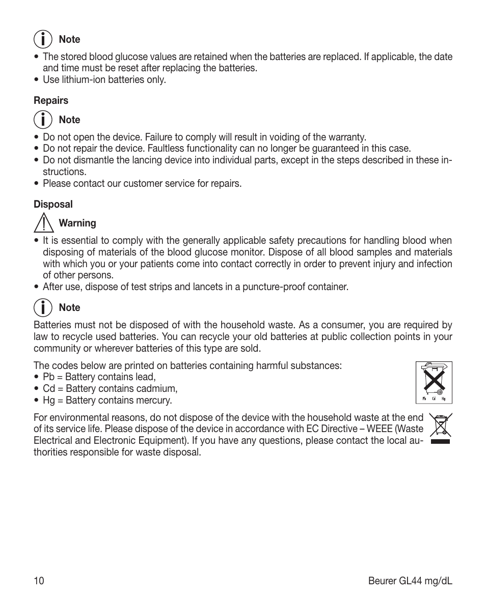 Beurer GL 44 (mg/dL) User Manual | Page 10 / 40
