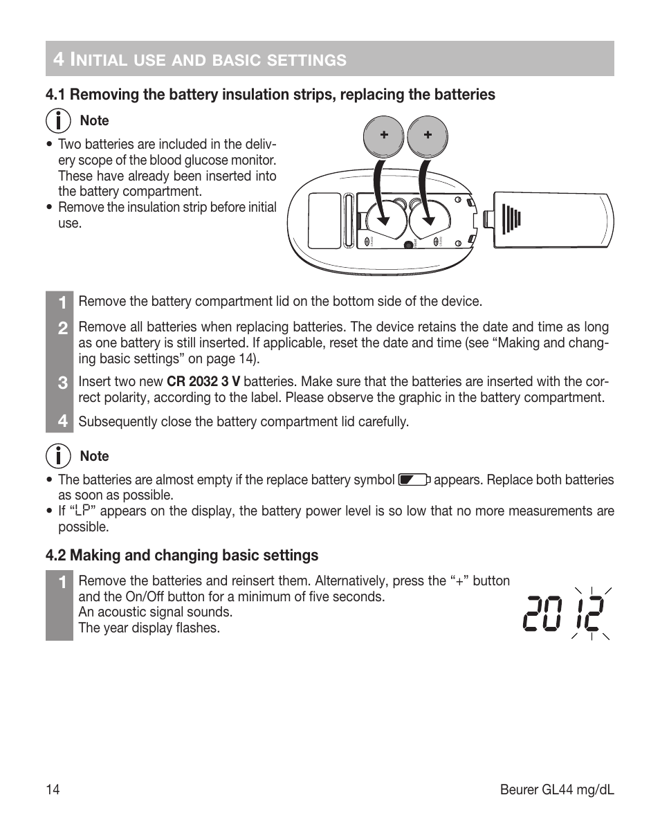 2 making and changing basic settings | Beurer GL 44 (mg/dL) User Manual | Page 14 / 40