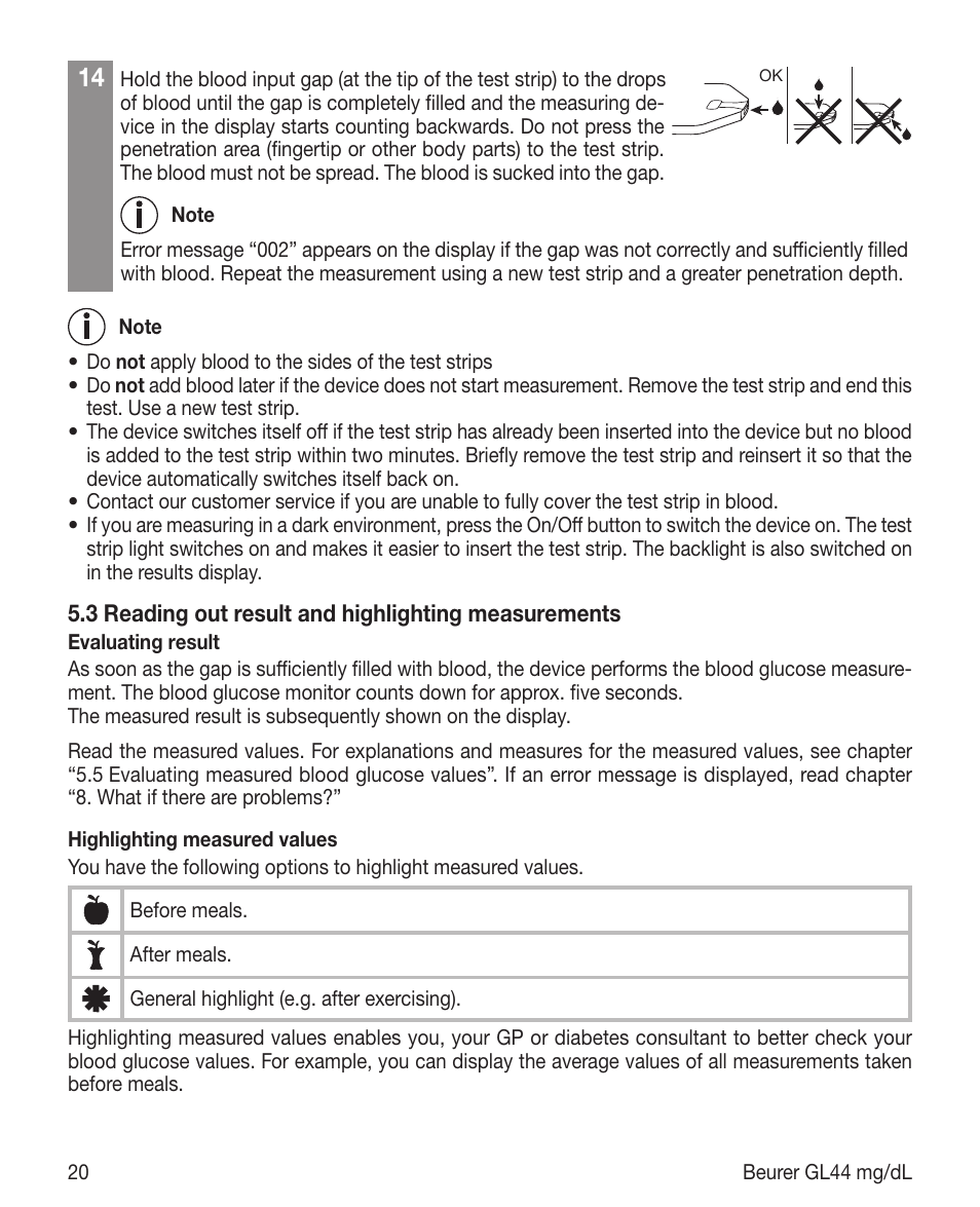 Beurer GL 44 (mg/dL) User Manual | Page 20 / 40