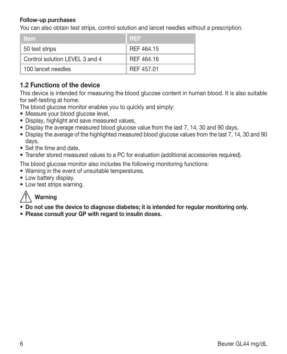 Beurer GL 44 (mg/dL) User Manual | Page 6 / 40