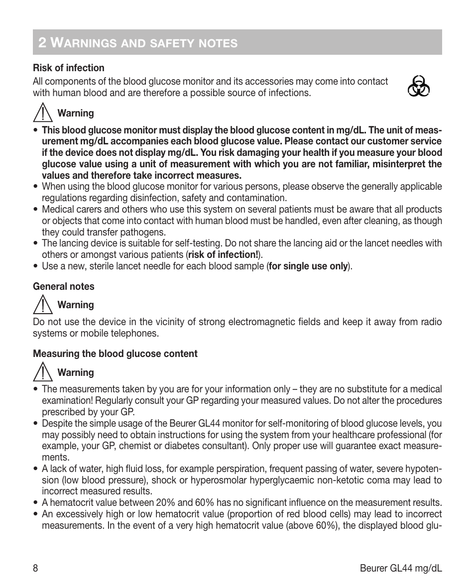 Beurer GL 44 (mg/dL) User Manual | Page 8 / 40