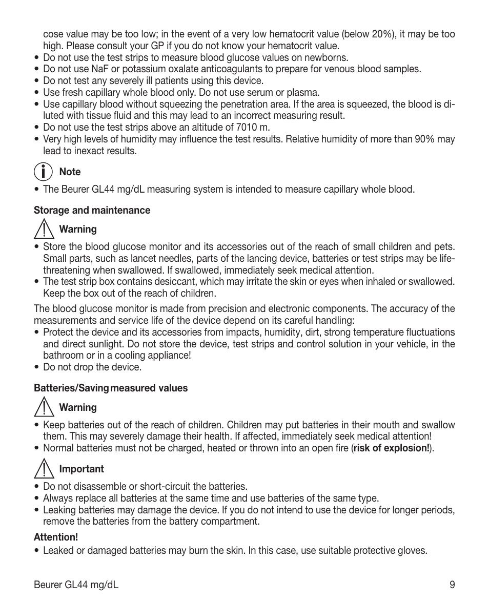 Beurer GL 44 (mg/dL) User Manual | Page 9 / 40