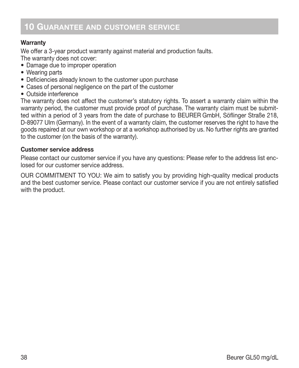 10 g | Beurer GL 50 (mg/dL) User Manual | Page 38 / 40