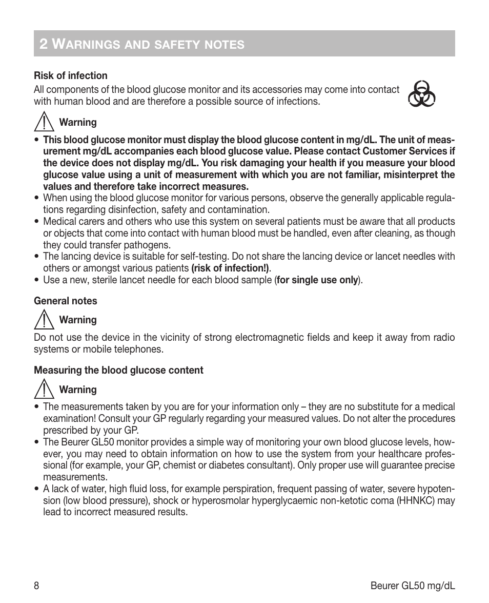 Beurer GL 50 (mg/dL) User Manual | Page 8 / 40