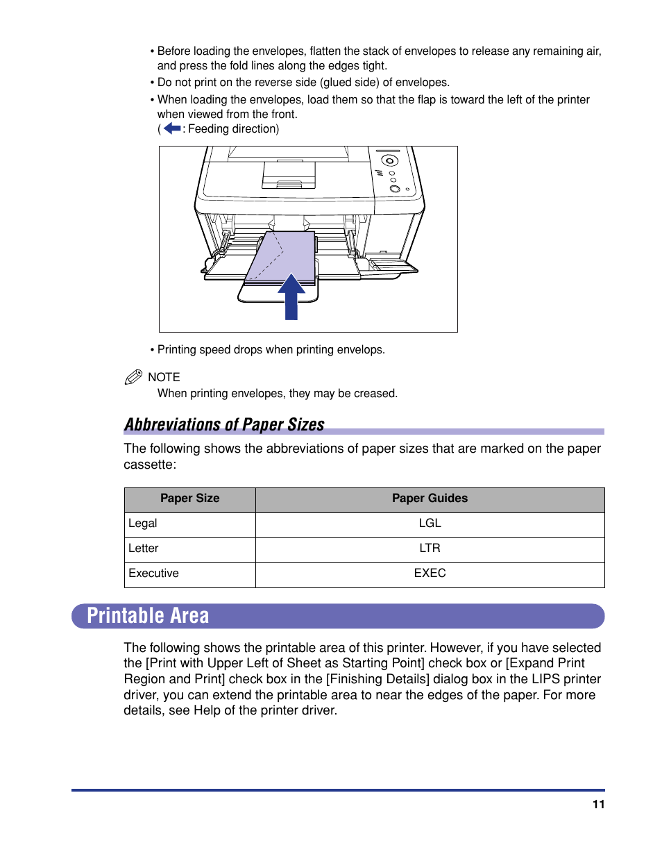 Printable area, Abbreviations of paper sizes | Canon 3410 User Manual | Page 12 / 78