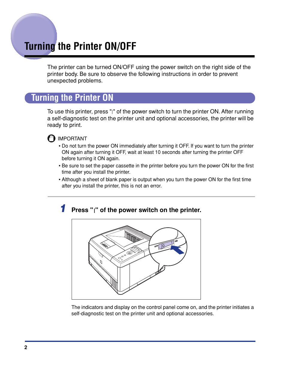 Turning the printer on/off, Turning the printer on | Canon 3410 User Manual | Page 3 / 78