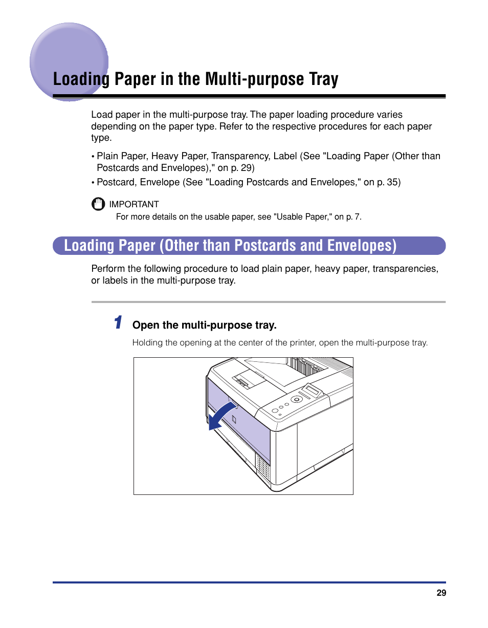 Loading paper in the multi-purpose tray, Loading paper (other than postcards and envelopes) | Canon 3410 User Manual | Page 30 / 78