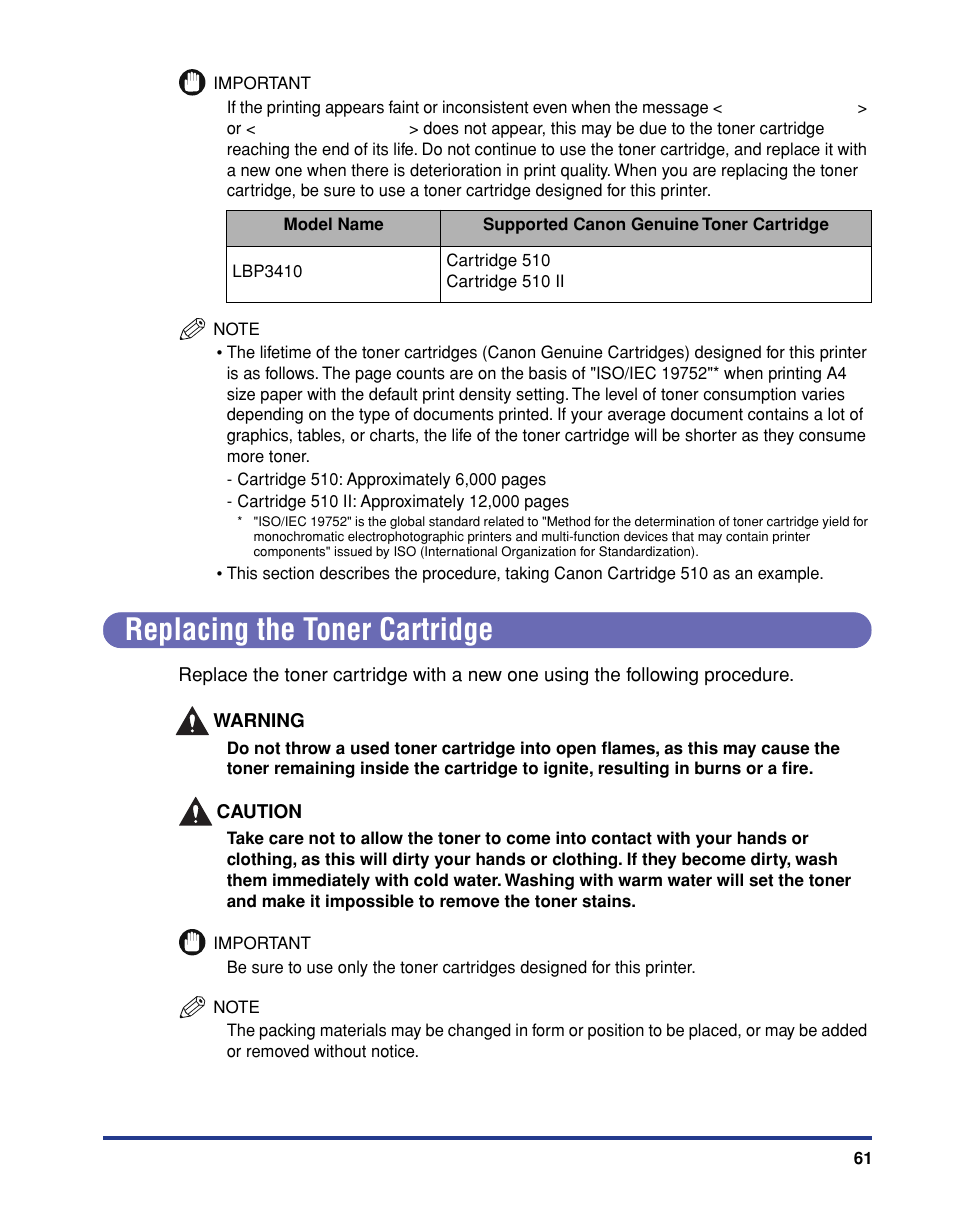 Replacing the toner cartridge | Canon 3410 User Manual | Page 62 / 78