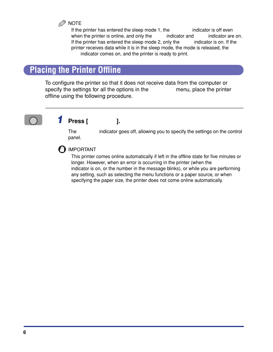 Placing the printer offline | Canon 3410 User Manual | Page 7 / 78