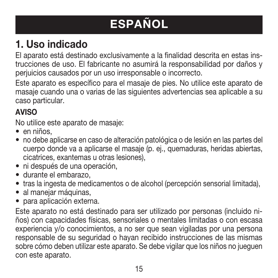 Español, Uso indicado | Beurer FM 16 User Manual | Page 15 / 36